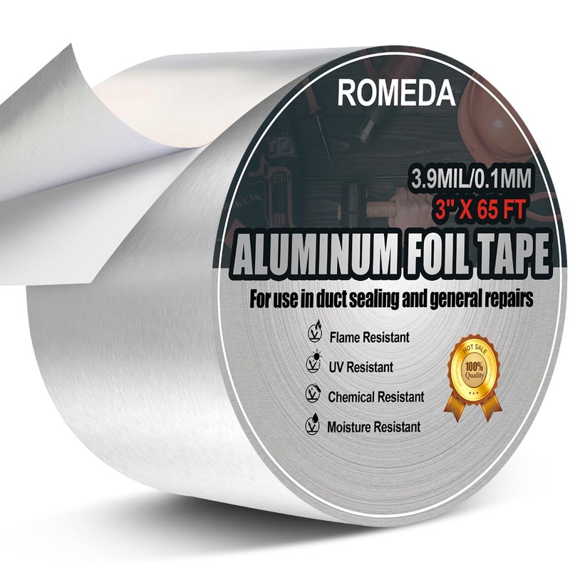 Romeda Aluminum Foil Tape, 3 inch x 65 Feet (3.9 mil), Insulation Adhesive Metal High Temperature Heavy Duty HVAC Tape, Silver for Ductwork, Dryer Vent, HVAC - Image 1